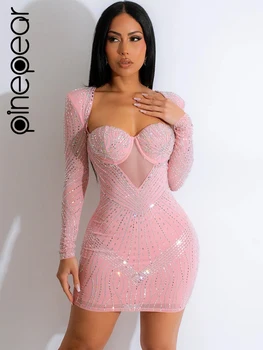 PinePear 2024 Розовое Элегантное Сексуальное Блестящее Бриллиантовое Женское Облегающее Мини-Платье С Длинным Рукавом И Открытой Спиной Из Прозрачной Сетки Для Ночной Вечеринки Короткое Платье