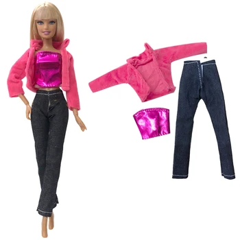 1 комплект Ярко-розовый раздельный костюм Модные Джинсы Life Party Для куклы Барби Аксессуары для девочек Подарок 081B