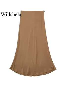 Willshela Женская модная шелковая атласная коричневая плиссированная юбка Миди с боковой молнией, винтажные женские шикарные юбки