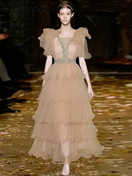 Gedivoen Летнее дизайнерское винтажное платье-жилет Женское с квадратным воротником и открытой спиной, с бриллиантовыми аппликациями, каскадными оборками, Длинное платье