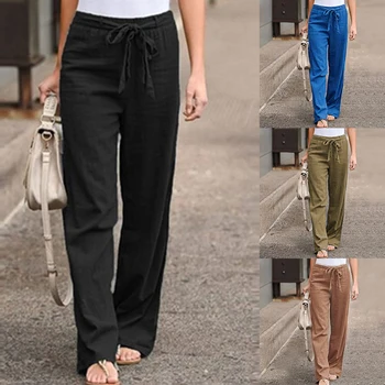 Женские хлопчатобумажные льняные брюки, однотонные эластичные Широкие брюки с высокой талией на завязках, женские стрейчевые прямые повседневные брюки