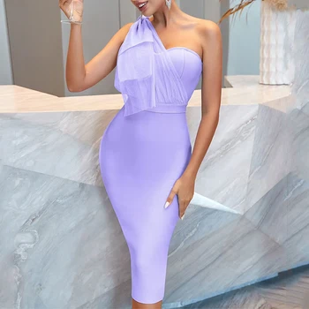 Женское элегантное бандажное платье, сексуальное фиолетовое сетчатое платье без рукавов длиной до колен, облегающая одежда на одно плечо, вечерние платья для клубных вечеринок