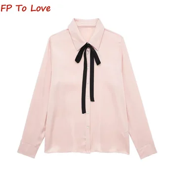 OOTD Шелковая атласная блузка с фактурным бантом, отделанная контрастным бантом, женский офисный розовый топ с длинным рукавом PB & ZA 3666051