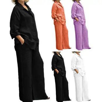Женские осенние винтажные хлопчатобумажные льняные рубашки с отворотом, Прямые брюки, Комплект из двух предметов, повседневная одежда conjuntos de pantalones