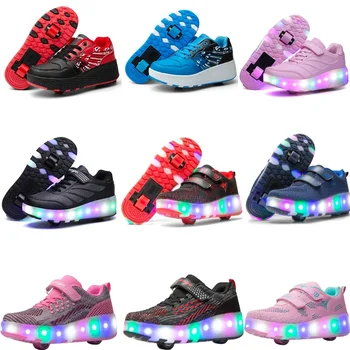 Двухколесные светящиеся кроссовки сине-розовая обувь для роликовых коньков со светодиодной подсветкой для детей, детская обувь со светодиодной подсветкой для мальчиков, обувь для девочек, загорающаяся 28-43
