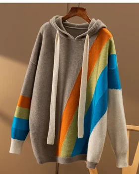Осень/Зима 2022, новый радужный инкрустированный свободный и толстый свитер с капюшоном из 100% чистого кашемира, женская толстовка с длинным рукавом