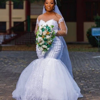 Роскошные аппликации с длинным рукавом, жемчуг, свадебное платье Африканской Русалки, Плюс Размер, свадебное платье с рыбьим хвостом.