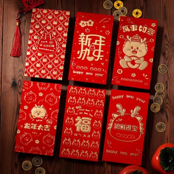 6шт 2024 Год Дракона Красный Пакет в Китайском стиле Новогоднее Благословение Кошелек Подарок Удача Денежный мешок Мультяшные Красные конверты