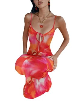 Элегантное женское длинное платье без рукавов с V-образным вырезом и цветочным принтом, идеально подходящее для повседневных вечеринок и весенне-летних мероприятий