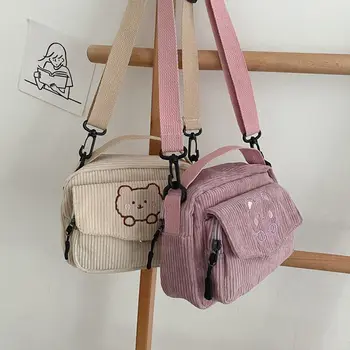 Женская модная сумка-тоут, сумка-мессенджер, дорожные сумки, студенческие вельветовые сумки через плечо с рисунком мультяшного медведя