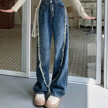 Прямые джинсы для мам, Женская Уличная Одежда с высокой Талией, Хлопчатобумажные Джинсовые Брюки с кисточками в стиле Пэчворк, Джинсовые Брюки Y2k, Женские Корейские джинсы