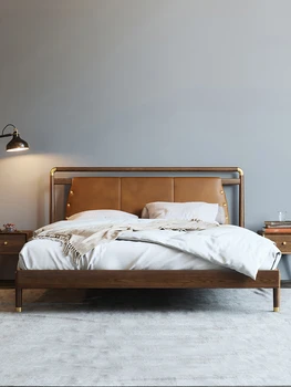 Постельное белье из массива дерева, кровать в главной спальне, современная простая светлая роскошная спальня из ясеня, обтянутая кожей в новом китайском стиле, двуспальная кровать