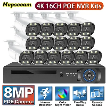 16-Канальный POE NVR Комплект 4K Video CCTV Security IP Camera System 8MP Ai Human Detect Color Night Водонепроницаемый 2-Полосный Комплект Видеонаблюдения