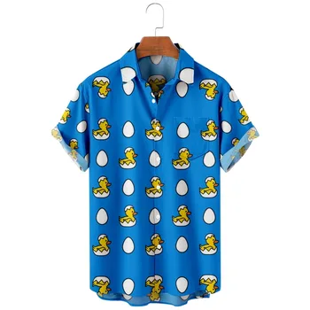 2022 Новая синяя рубашка, мужская рубашка с милой уткой, повседневный дышащий топ с коротким рукавом, Модная Гавайская мужская пляжная рубашка с лацканами на одной пуговице
