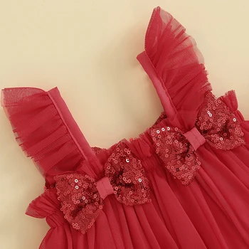 Мини-платье-комбинация из тюля для девочек, повседневный декор в виде блесток и банта, Трапециевидное платье без рукавов с рюшами, однотонное платье принцессы для вечеринки
