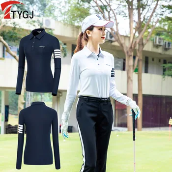 TTYGJ Женские полосатые эластичные рубашки-поло для гольфа, женские дышащие футболки для гольфа с отворотом, тонкие повседневные спортивные топы с длинными рукавами