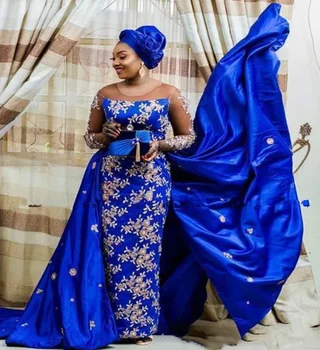 Элегантные вечерние платья-футляры королевского синего цвета 2024, Нигерия, с 3D кружевными аппликациями, отстегивающийся шлейф, платья знаменитостей больших размеров, Саудовская Аравия