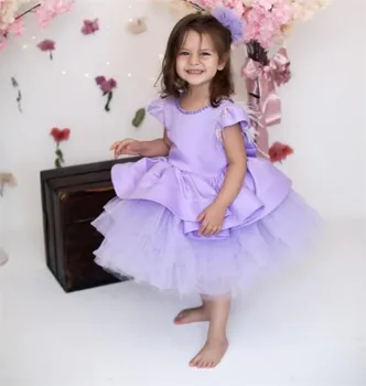 Многоуровневое светло-фиолетовое атласное платье в цветочек для девочек, пышный тюль С жемчугом, большой бант из перьев, детские бальные платья для дня рождения, детские