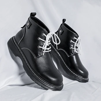 Новая модная Винтажная Повседневная Мужская кожаная обувь высокого качества, осенне-зимние ботильоны с толстой подошвой, рабочие черные ботинки на открытом воздухе