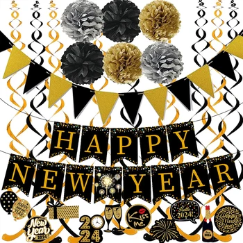 2024 Счастливого Нового Года Украшения Бумажный Флаг Баннер Овсянка Вихревой Серпантин Подвесное Украшение для Новогодней Вечеринки Декор Поставки