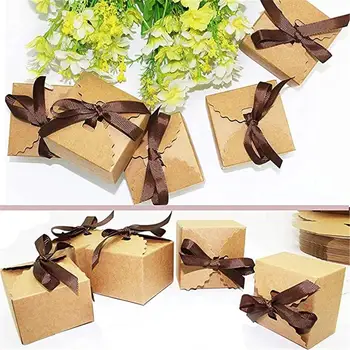 коробка из крафт-бумаги 50шт с лентой в стиле ретро, матовая, без воска, свадебная коробка конфет с волнистым рисунком 