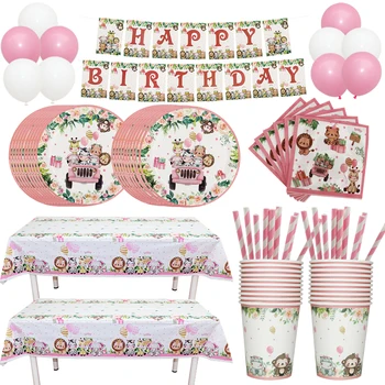 Набор одноразовой посуды с розовыми животными Джунглей, бумажный Баннер, тарелки, детский Душ, Лесное Сафари для девочек, принадлежности для вечеринки по случаю Дня рождения