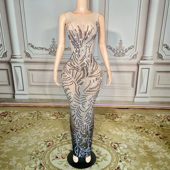 Индивидуальное Новое Сексуальное Кружевное Прозрачное платье с бриллиантами, Жемчужными блестками, перьями, Водным бриллиантом, Облегающее бедра, Длинное платье, платье для выступлений