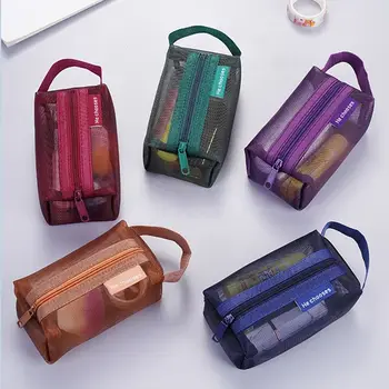 Сетчатая косметичка в стиле ретро с ручкой, прозрачная косметичка для макияжа, дорожная сумка для хранения туалетных принадлежностей, простая переносная сумка для стирки