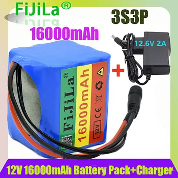 Batterie 3s3p 12V 16ah, lithium-ion 18650, très grande capacité, rechargeable avec BMS et 12.6V 2A chargeur inclus