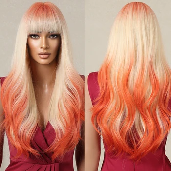 Длинный волнистый синтетический парик, балаяж платиновой блондинки, оранжевый красочный парик для косплея с челкой для женщин, Термостойкие волосы на Хэллоуин