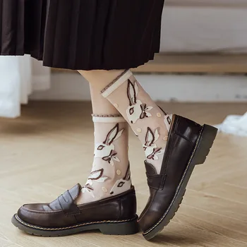 Милые носки с японским рисунком Каваи, Летние ультратонкие шелковые носки из прозрачного стекла, Женские Сексуальные кружевные Дышащие эластичные длинные носки