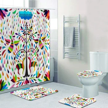 3D Этнический мексиканец Отоми Радужное животное Набор занавесок для душа в ванной Красочные народные Цветочные занавески для ванной Коврики Коврики для декора туалета