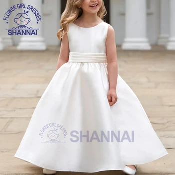 Белое простое платье для первого причастия с бантом на V-образной спинке, вечеринка по случаю дня рождения, свадебное платье для маленьких девочек в цветочек