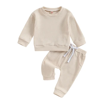 Осенняя одежда с вафлями для малышей, однотонная толстовка с длинным рукавом, топы, брюки с карманами, комплект зимней одежды
