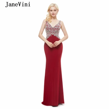JaneVini Dubai Роскошные атласные бордовые длинные платья для выпускного вечера 2020 года с глубоким V-образным вырезом, русалочкой, расшитые бисером, с открытой спиной, сексуальные вечерние платья для выпускного вечера
