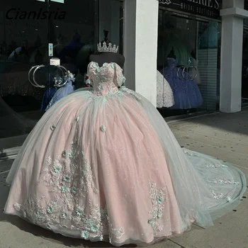 Розовое бальное платье с открытыми плечами и 3D цветами, пышные платья с цветочными аппликациями, Кружевной корсет, Vestidos De 15 Años
