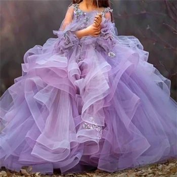 Платье с цветочным узором для девочек, элегантные платья принцессы для первого причастия, многослойный подарок детской мечты на день рождения с пушистым принтом на слинге