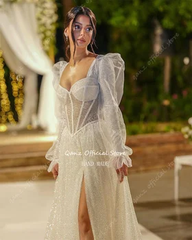 Свадебные платья Qanz Princess Sparkle С длинными рукавами, платье невесты с блестками из тюля, Трапециевидное Платье с высоким разрезом, Vestido De Novia 2024