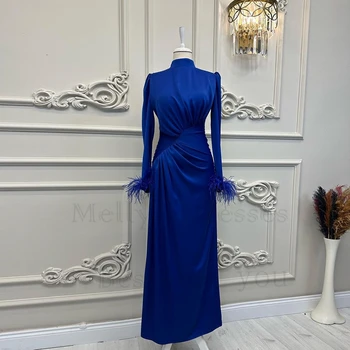 Вечерние платья королевского синего цвета с высоким воротом для женщин 2023, Летние платья-футляры для выпускного вечера со складками из перьев, реальное изображение Vestido De Noche