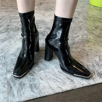 Короткие металлические ботинки с квадратной головкой, модные женские туфли-лодочки на толстом каблуке, осенняя женская обувь по щиколотку, черные Botas Femininas