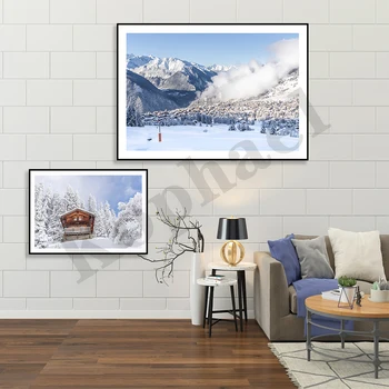 Горы Швейцарских Альп. Горнолыжный курорт. Канатная дорога, горная хижина, Зимний пейзаж, Художественная фотография, настенный художественный плакат