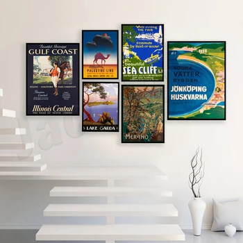 Швеция Печать туристических плакатов о Йенчепинге, озере Люцерн, Аквиле, Венеции, Мерано, озере Гарда, Палермо, Си-Клифф, Лонг-Айленде