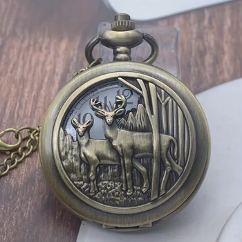 Старинные кварцевые карманные часы с гравировкой в виде бронзового Лося, дикого животного, Винтажное модное ожерелье, часы-цепочка, Рождественский подарок для женщин и мужчин
