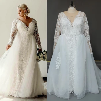 Свадебное платье большого размера с V образным вырезом и цветочной вышивкой 
