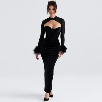 Sladuo 2023 Зимнее Черное Бархатное Корсетное платье Макси с длинным рукавом, Женское Сексуальное платье с сеткой из перьев, Клубные Вечерние платья для вечеринок, Vestidos