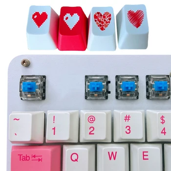 4 шт Красных пиксельных колпачков в виде сердца, Набор колпачков для клавиш со стрелками Esc Enter WASD для механической клавиатуры, Профиль OEM, Материал ABS, Двойной снимок
