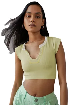 Женская рубашка в рубчик с коротким рукавом и V-образным вырезом, Приталенный Базовый топ из тонкого трикотажа
