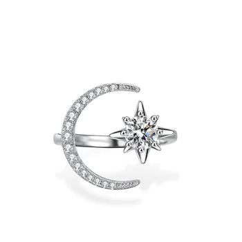 Кольца из стерлингового серебра S925 для женщин с муассанитом 0,5 карата, Открывающаяся Луна, Звезда, кольцо регулируемого размера, изысканные ювелирные изделия, Прямая доставка