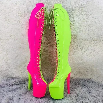 LAIJIANJINXIA/ Новые двухцветные ботинки с лакированным верхом 20 см/8 дюймов, модные женские ботинки на высоком каблуке и платформе для танцев на шесте