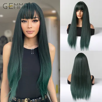 Темно-зеленые парики GEMMA Ombre для женщин, косплей, вечеринка, Парик из длинных прямых синтетических волос с челкой из натурального термостойкого волокна